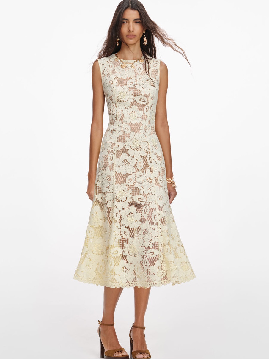 Nwot Self-Portrait Yellow Crochet Lace Midi Dress